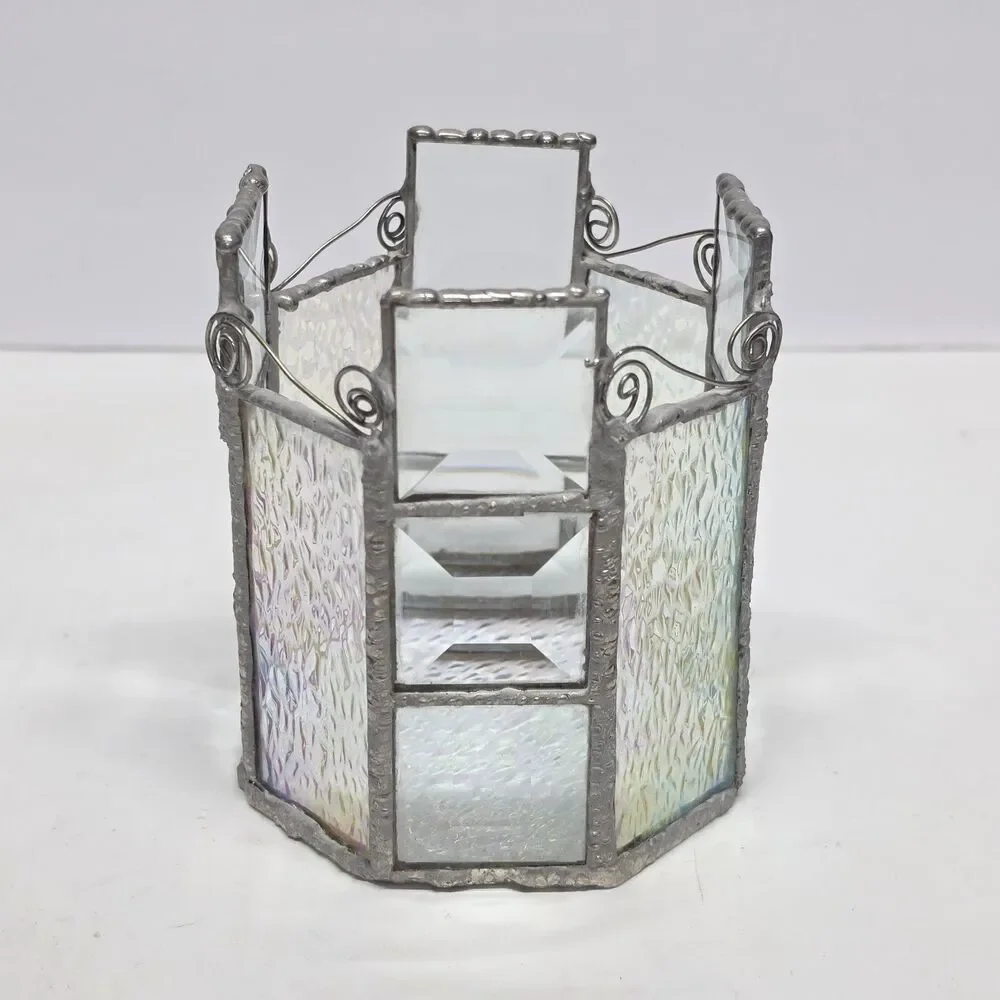 Vintage Stained Glass Votive Tea Light Candle Holder Clear Iridescent MCM